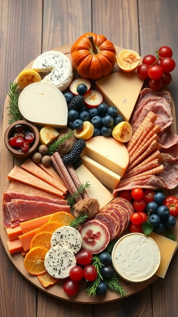 A festive charcuterie board with various cheeses, meats, fruits, and nuts, perfect for New Year's celebrations.