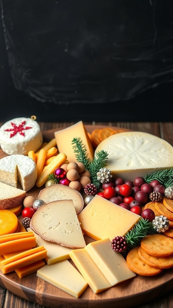 A festive charcuterie board featuring a variety of cheeses, crackers, nuts, and seasonal decorations.