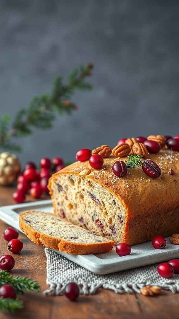 A loaf of festive holiday bread topped with cranberries and pecans, sliced on a wooden table.