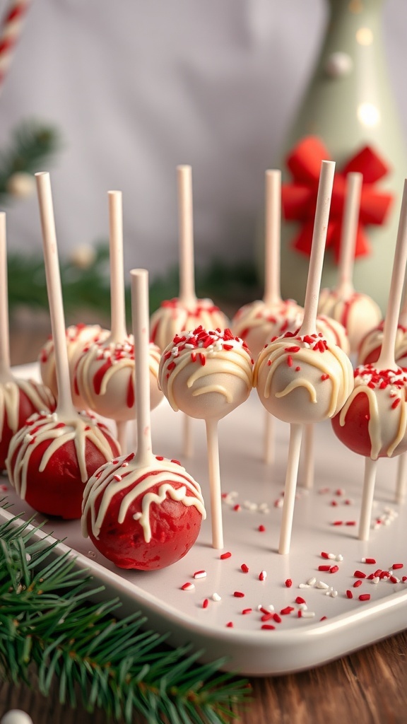 A plate of festive red velvet cake pops decorated with white chocolate and sprinkles.