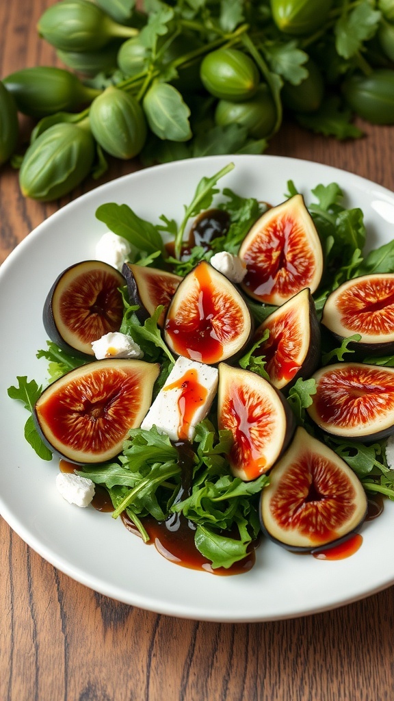 A plate of fig and arugula salad with halved figs, feta cheese, and balsamic glaze.