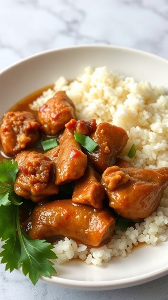 A bowl of Filipino Adobo Chicken served with rice and garnished with parsley.