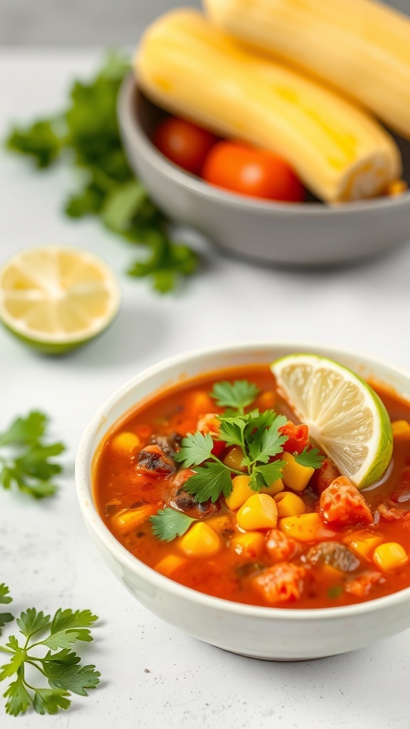 A bowl of fire roasted tomato and corn chili garnished with cilantro and lime, with corn and tomatoes in the background.