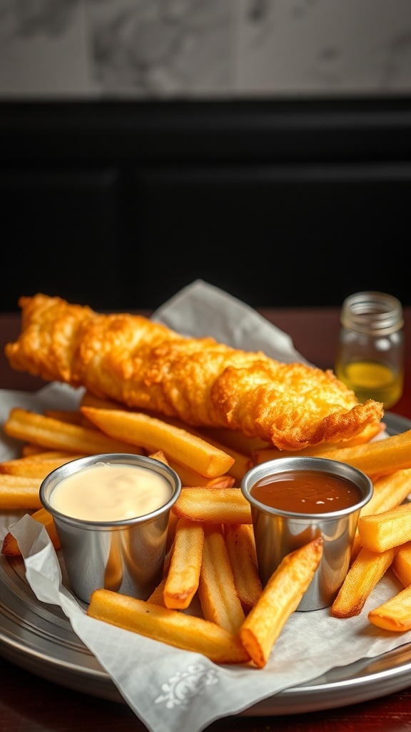 A plate of fish and chips with two dipping sauces and a side of fries.