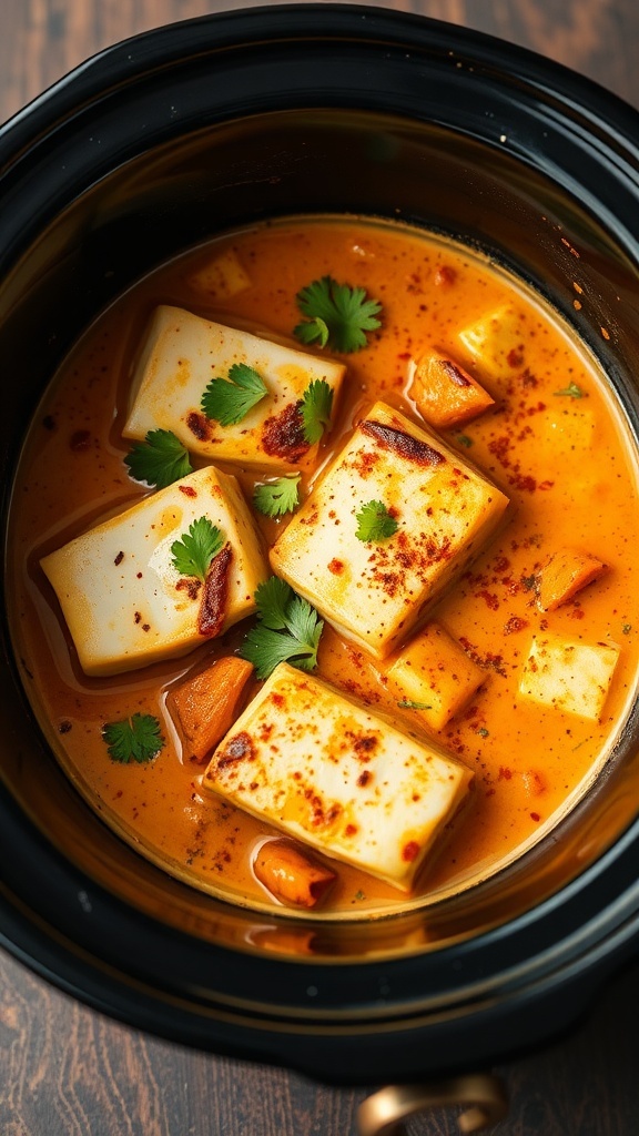 A bowl of fish curry with a whole fish, orange sauce, and garnished with cilantro.