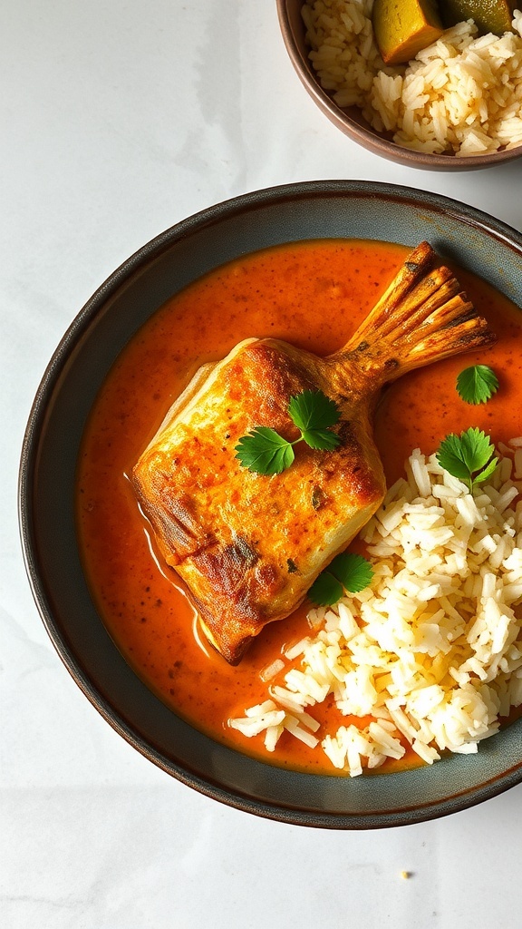 A bowl of fish curry with coconut milk, featuring a piece of fish in a vibrant orange sauce, served with rice and garnished with cilantro.