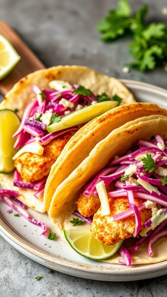 Two fish tacos filled with cabbage slaw, garnished with lime wedges