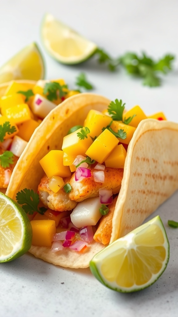 Fish tacos with mango salsa, garnished with lime and cilantro