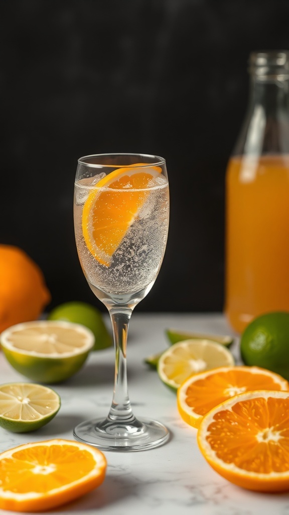 A refreshing Fizzy Citrus Spritz mocktail in a glass, garnished with an orange slice, surrounded by fresh citrus fruits.