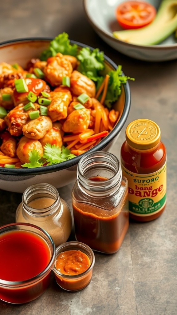 A bowl of Bang Bang Chicken with noodles, fresh vegetables, and sauces