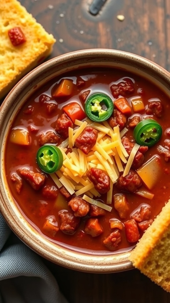 A bowl of beef chili with beans topped with cheese and jalapeños, alongside cornbread.