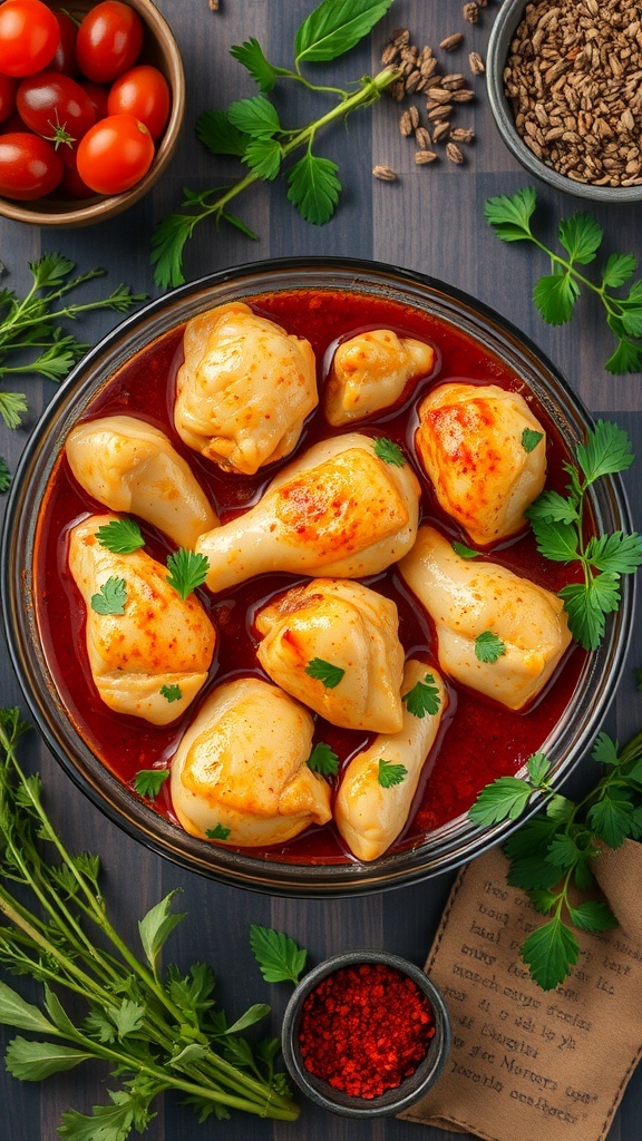 A bowl of marinated chicken pieces in a vibrant sauce, surrounded by fresh herbs and spices.