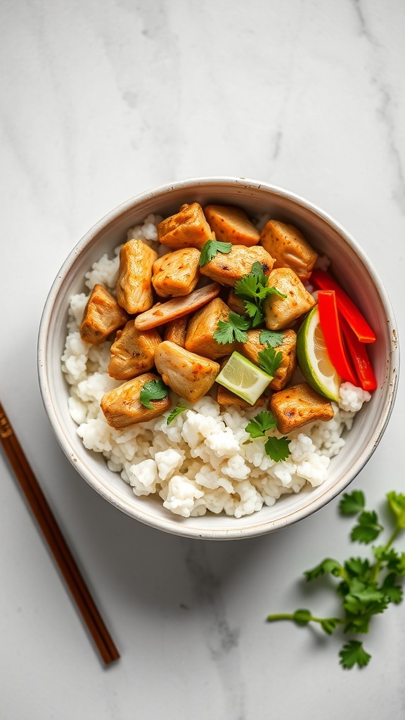 A bowl of Bang Bang Chicken with rice, garnished with cilantro, lime, and red peppers.