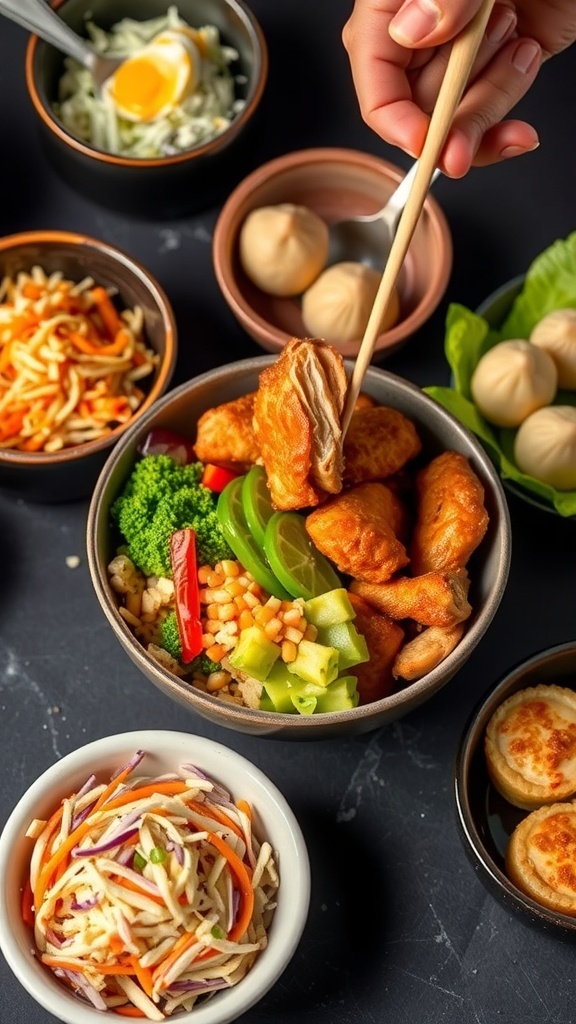 A colorful display of Bang Bang Chicken Bowl with chicken rolls, dumplings, and fresh garnishes.