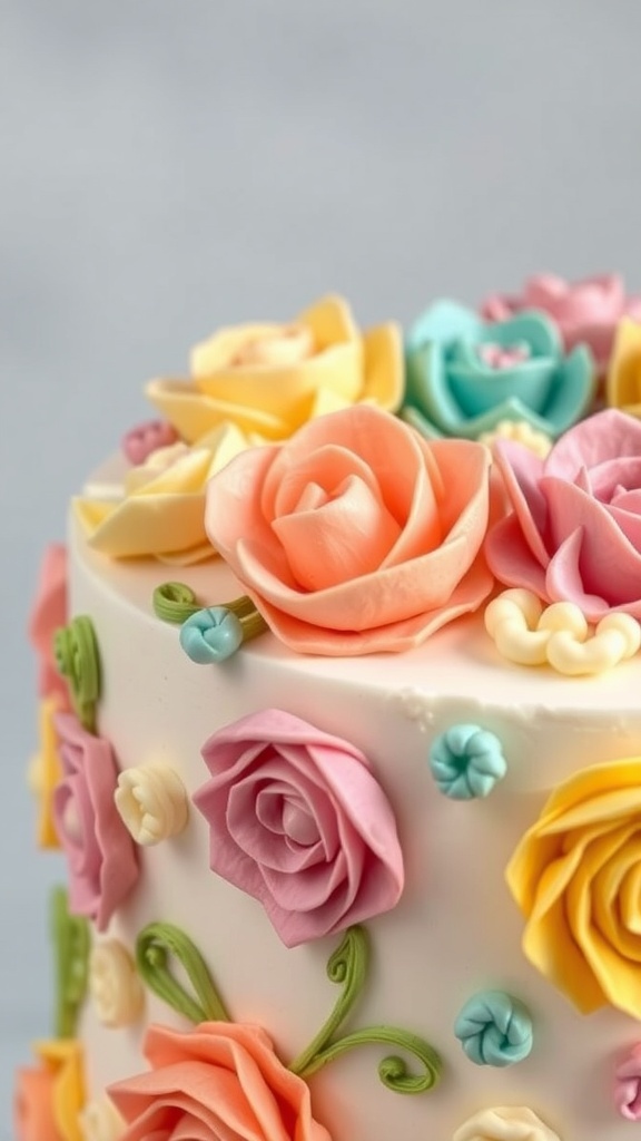 A beautifully decorated cake with colorful buttercream flowers.