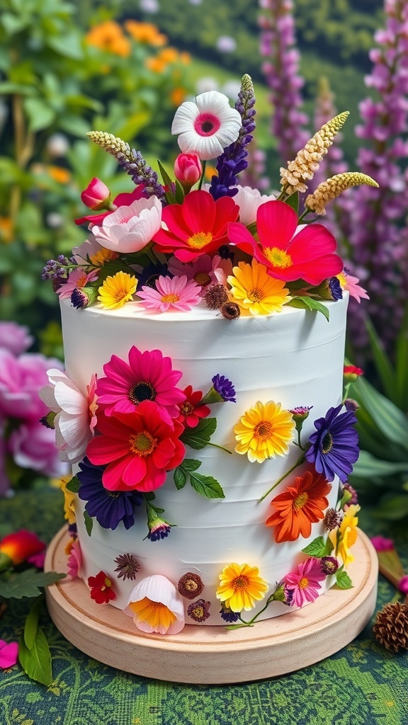 A beautiful floral cake decorated with colorful edible flowers, set against a lush garden background.