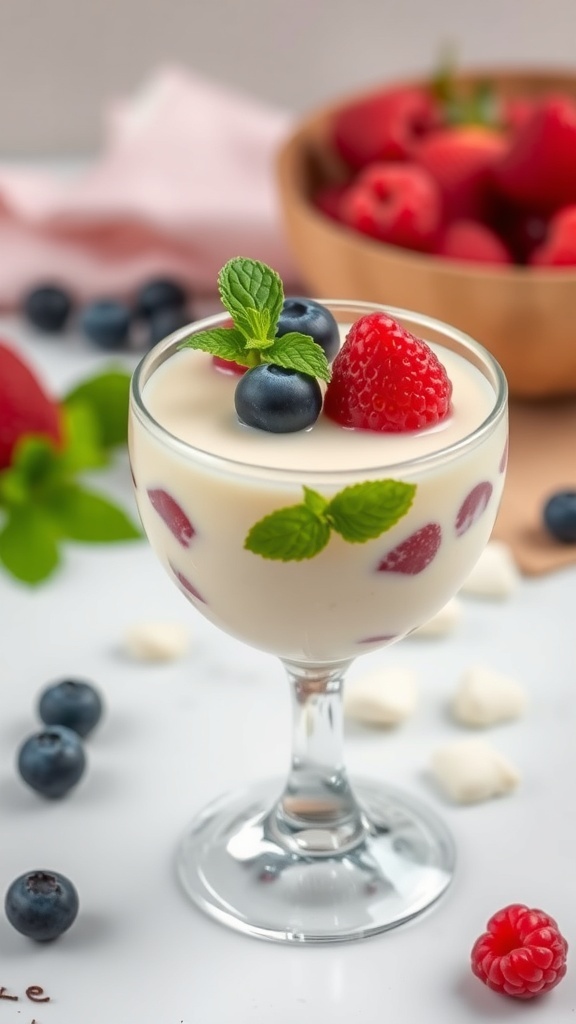 A glass of fluffy vanilla bean panna cotta topped with fresh berries and mint leaves.