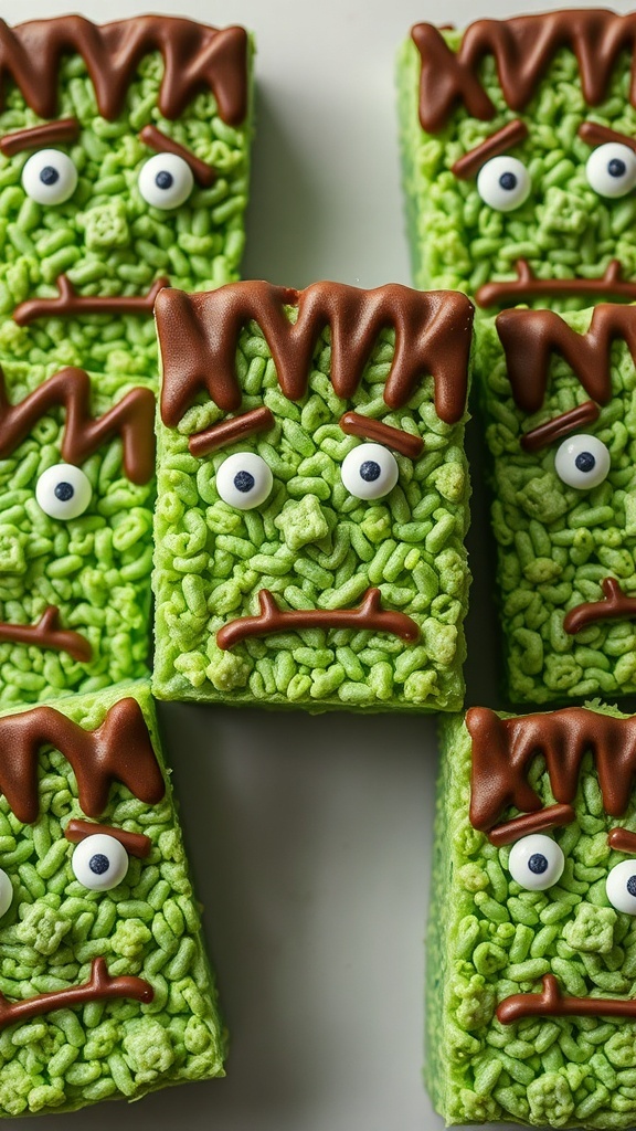 Frankenstein Rice Krispie Treats decorated with chocolate and candy eyes