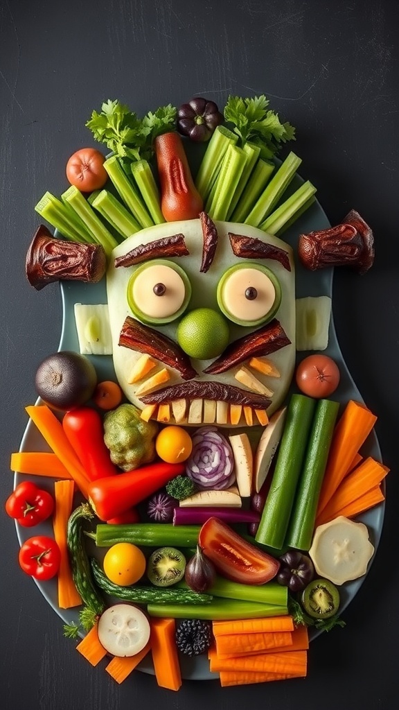 A colorful veggie platter shaped like Frankenstein's face, made with cucumbers, celery, olives, and various vegetables.