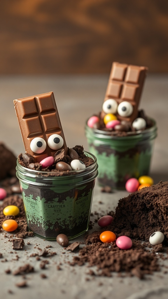 Two Frankenstein's Monster Cups with chocolate pudding, crushed cookies, and colorful candy toppings.