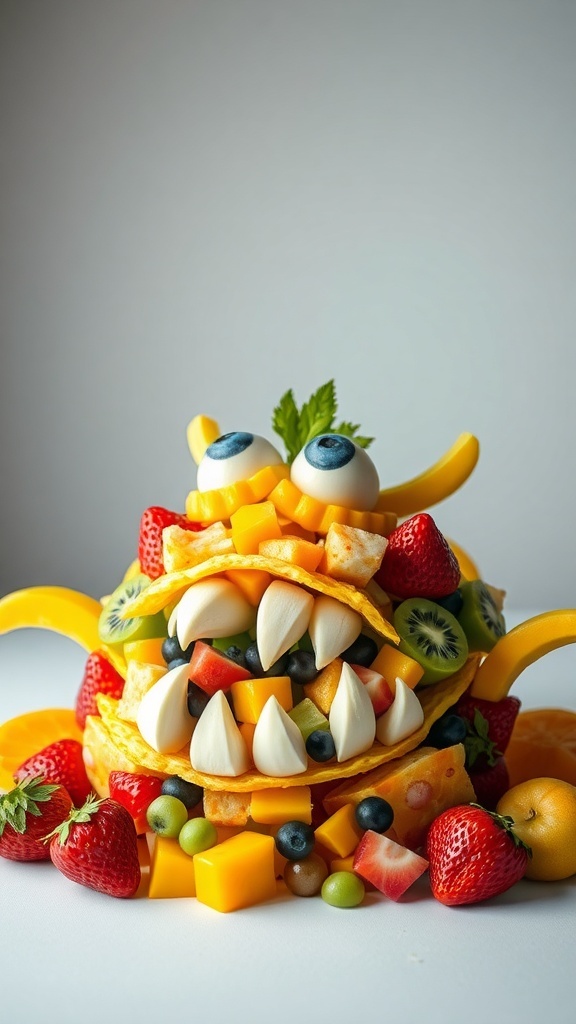 A colorful fruit salad shaped like a monster, featuring various fruits like mango, strawberries, and blueberries.