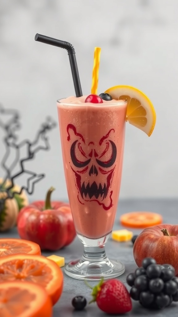 A spooky pink smoothie with a skull design, garnished with lemon and cherries, surrounded by fruits.