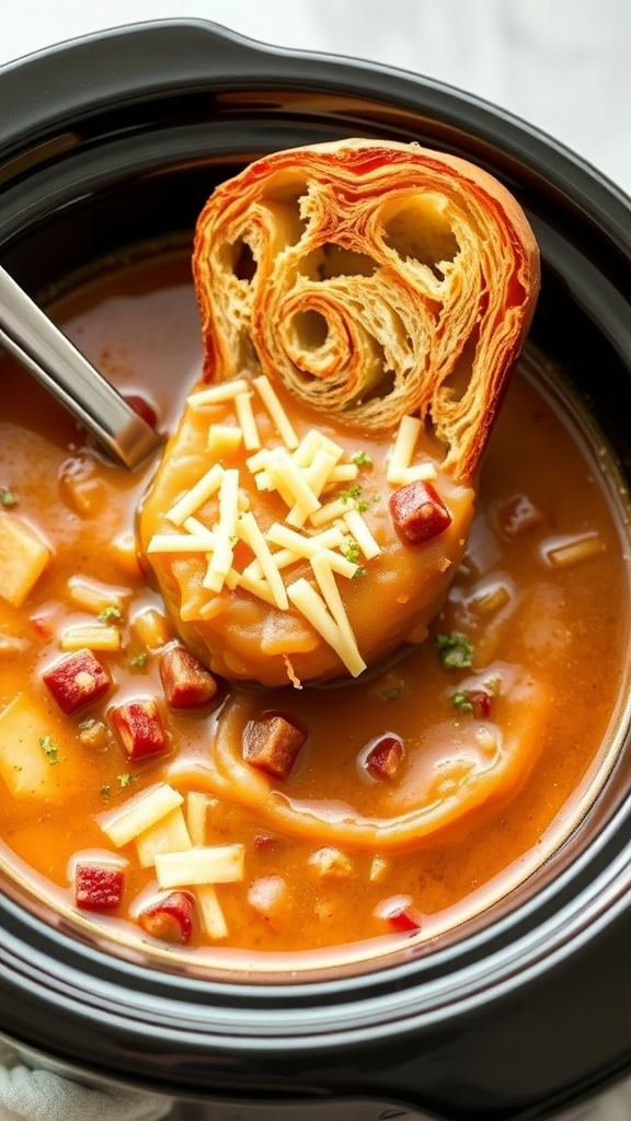 A bowl of French Onion Soup topped with cheese and served with bread.