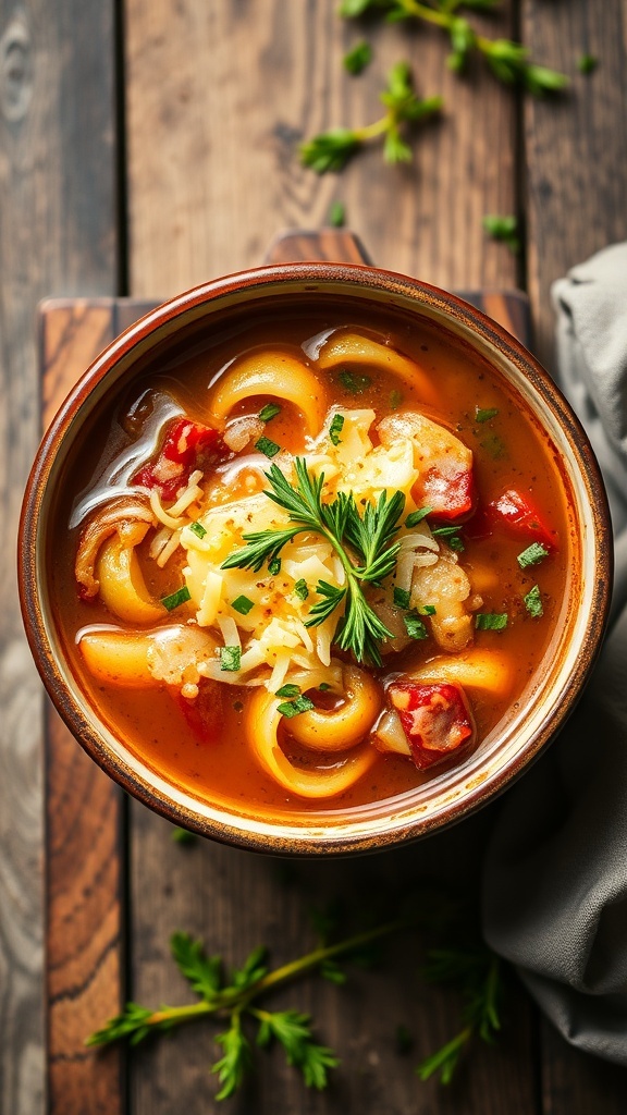 A bowl of French Onion Soup topped with melted Gruyere cheese and fresh herbs.