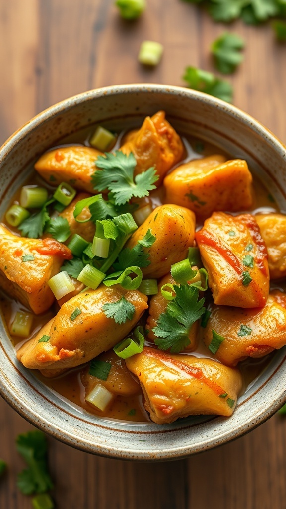 A bowl of Bang Bang Chicken with fresh herbs and green onions on top.