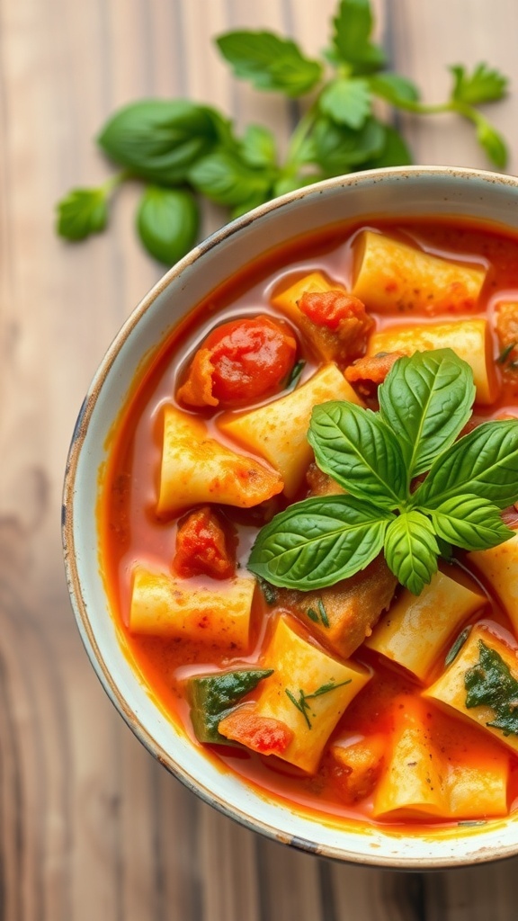 A bowl of lasagna soup garnished with fresh basil leaves, featuring pasta, tomatoes, and greens in a rich broth.