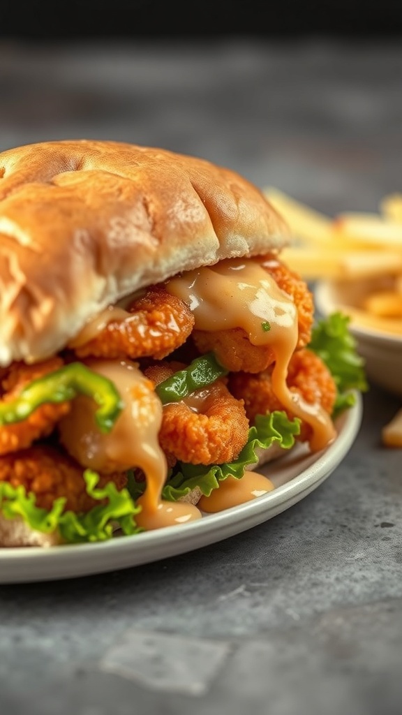 A close-up of a Fried Shrimp Po' Boy sandwich with crispy shrimp, lettuce, and sauce, served on a plate with fries.