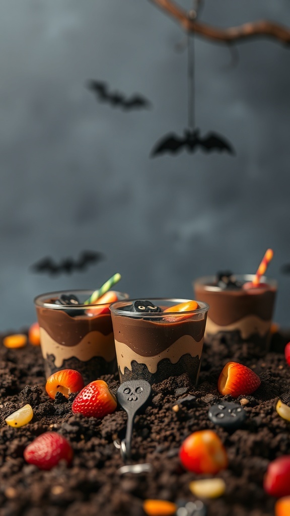 Halloween dirt cups with chocolate and vanilla pudding, topped with crushed Oreos and gummy candies, surrounded by strawberries and spooky decorations.