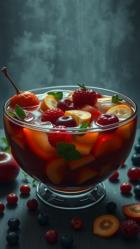 A bowl of colorful fruit punch with various fruits like raspberries, blueberries, and apple slices, set against a dark background.