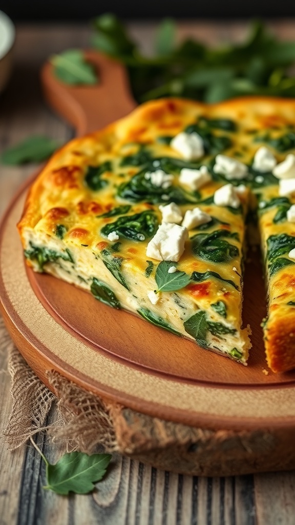 A delicious frittata with spinach and feta cheese, sliced and served on a wooden board.