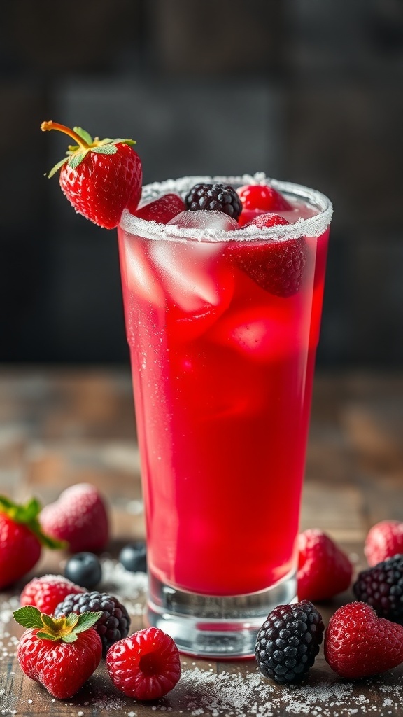 A vibrant glass of Frosted Berry Delight mocktail, garnished with fresh berries and mint.