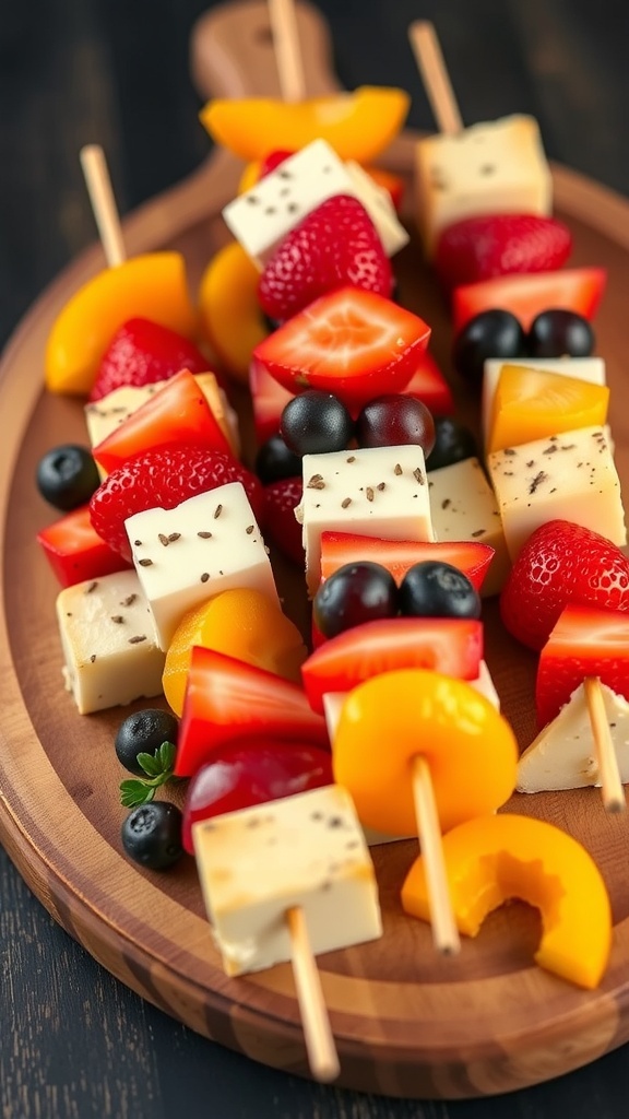 Colorful fruit and cheese kabobs on a wooden platter