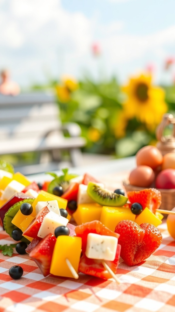 Colorful fruit and cheese kabobs on a picnic table