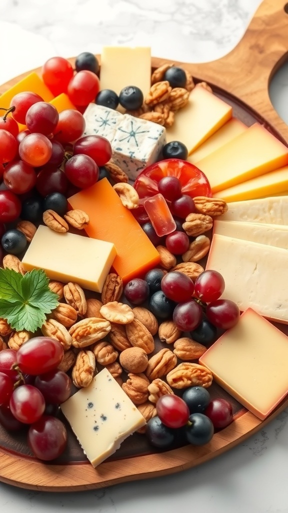 A colorful fruit and cheese platter with grapes, blueberries, assorted cheeses, and nuts on a wooden board.