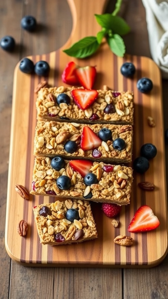 Homemade fruit and nut energy bars on a wooden cutting board