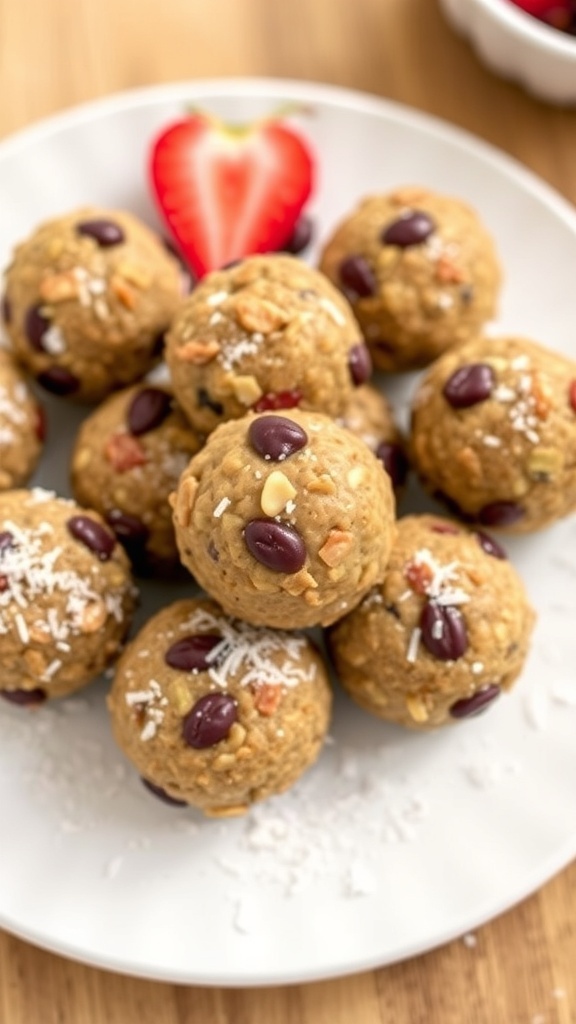 A plate of fruit and nut energy bites topped with coconut and nuts, with a strawberry on the side.