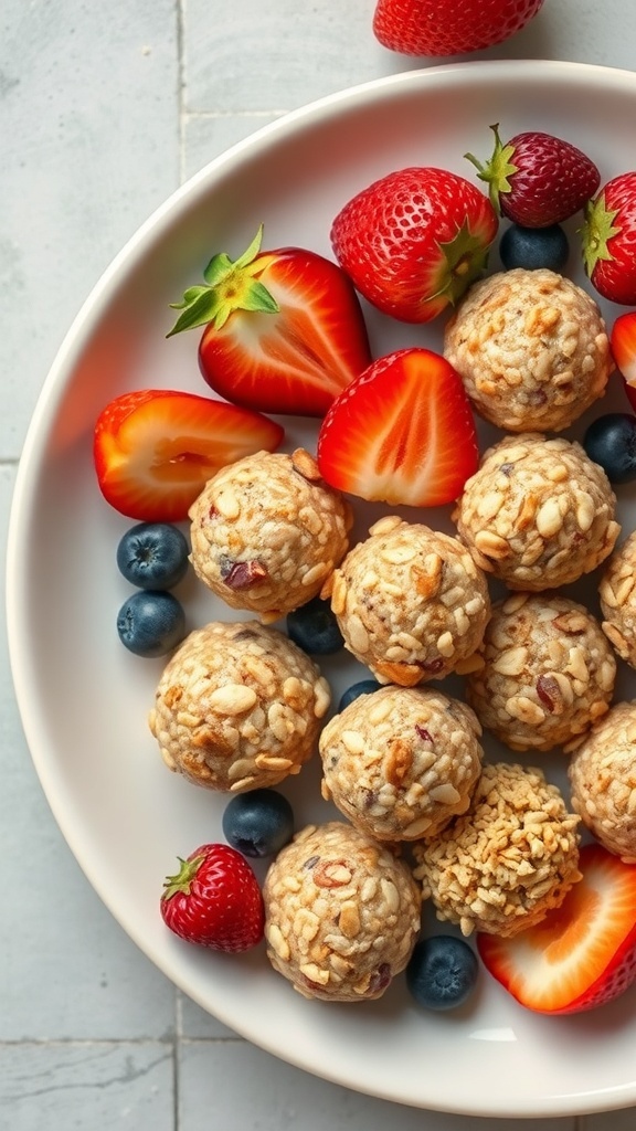 A plate of fruit and nut energy bites surrounded by fresh strawberries and blueberries.