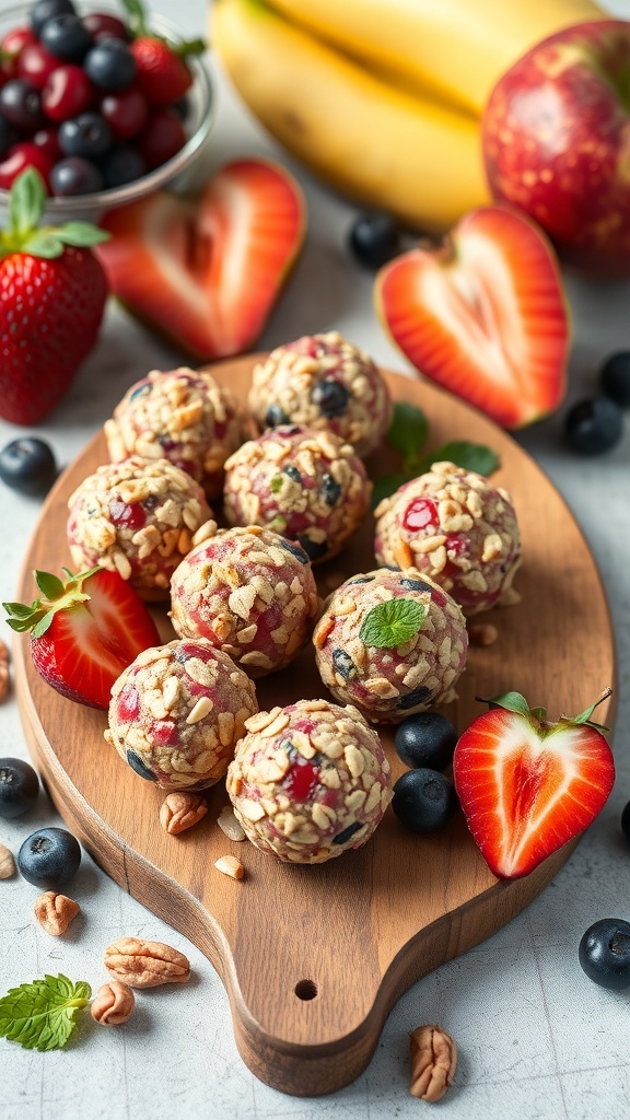 A wooden platter with fruit and nut energy bites, surrounded by fresh strawberries, blueberries, and bananas.
