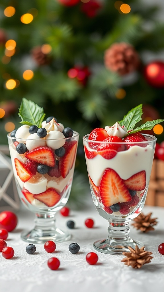 Two fruit and yogurt parfaits with strawberries and blueberries, decorated with mint leaves, set against a festive background.