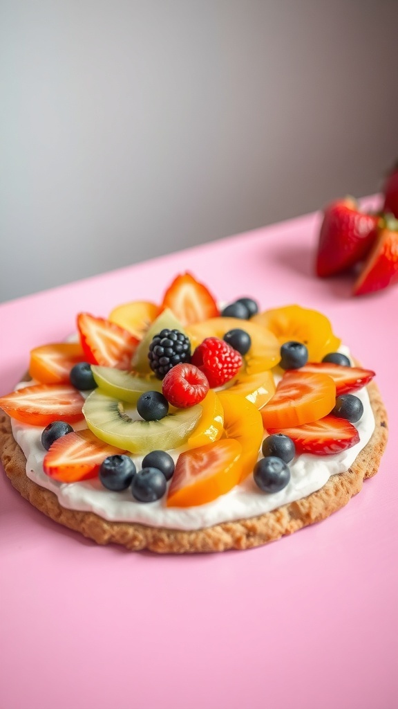 A colorful fruit pizza topped with various fruits on a pink background.