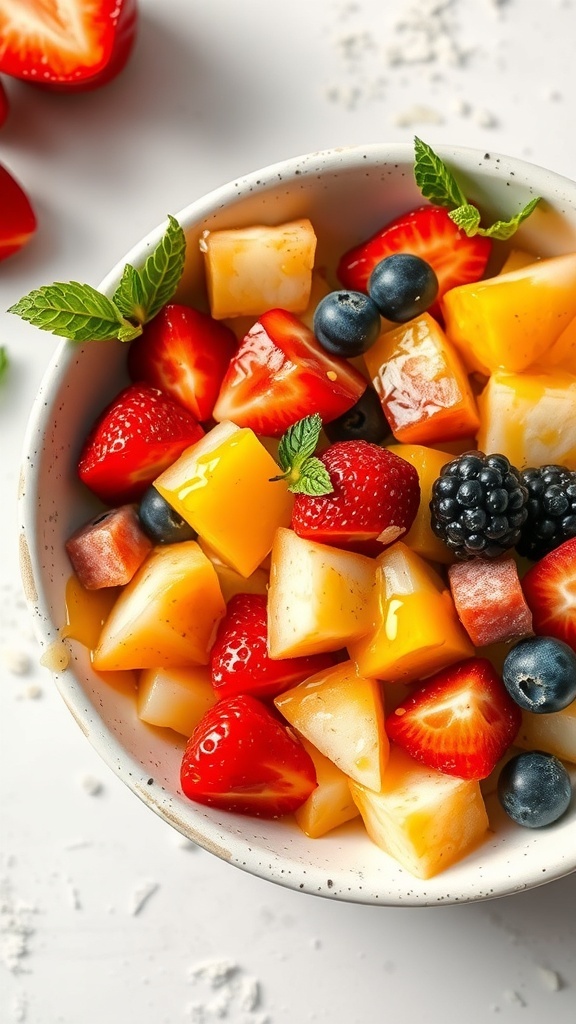 A bowl of colorful fruit salad with strawberries, blueberries, blackberries, and melon, garnished with mint leaves.