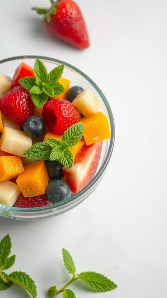 A bowl of colorful fruit salad with strawberries, blueberries, and mint leaves.