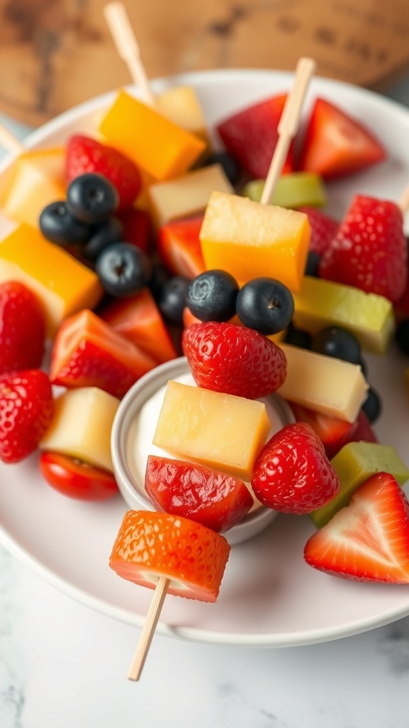 Colorful fruit skewers with strawberries, blueberries, melon, and cheese served with a yogurt dip.