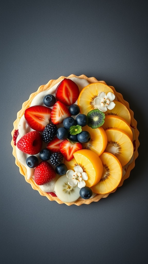 A colorful fruit tart topped with various fresh fruits on a dark background.