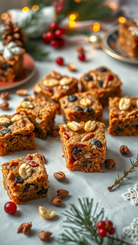 A festive display of fruitcake bites topped with nuts and dried fruits, surrounded by holiday decorations.