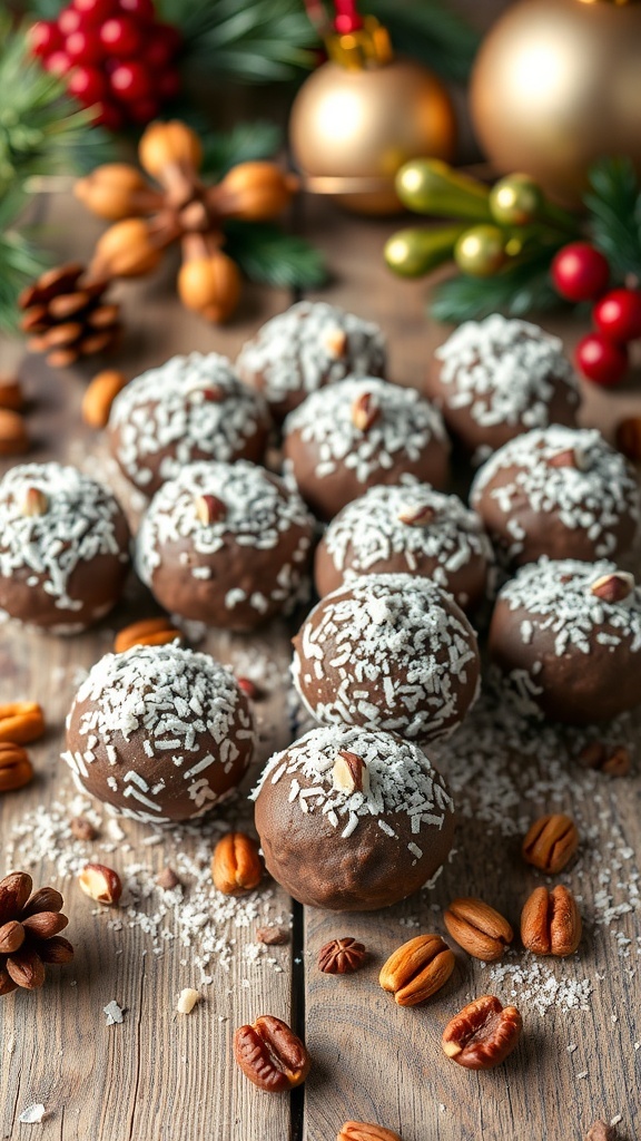 A festive display of fruitcake truffles coated in chocolate and coconut, surrounded by holiday decorations.